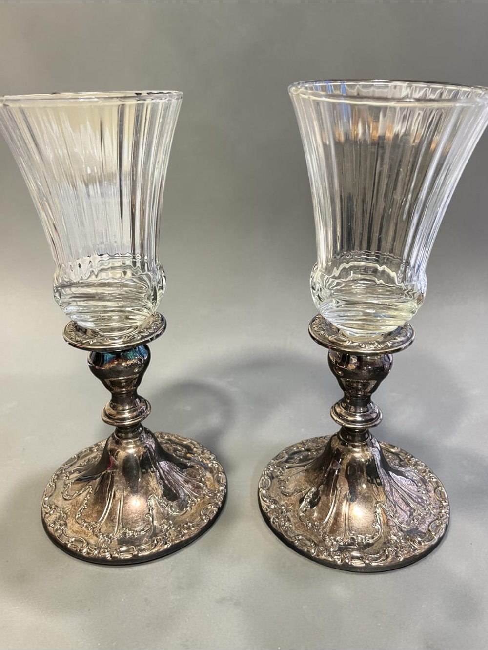 Set of 2 Gorham, silver candle holders with votive cups